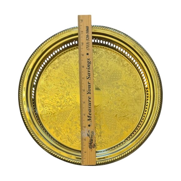 Vintage Brass Ornate Round Serving Tray With Perforated Edge & Intricate Design - Picture 7 of 7